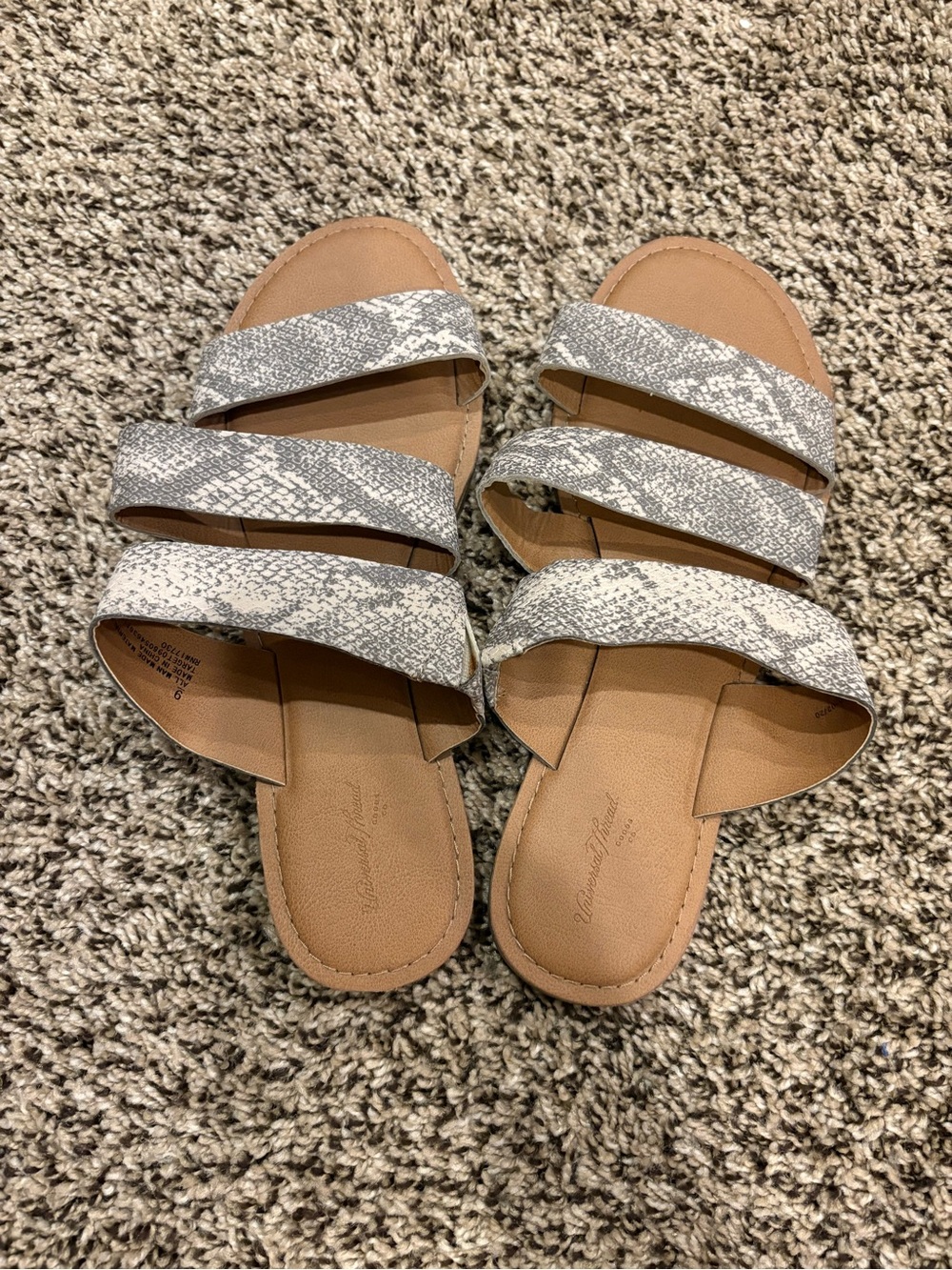 Universal Thread Women's Triple-Strap Snake-Print Slide Sandals in Tan and Gray
